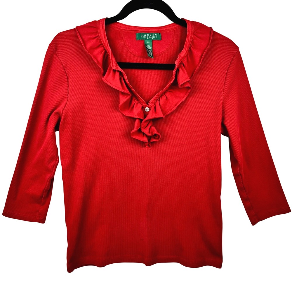 Lauren Ralph Lauren Ruffle Top Womens Petite Large Red Ribbed 3/4‎ Sleeve